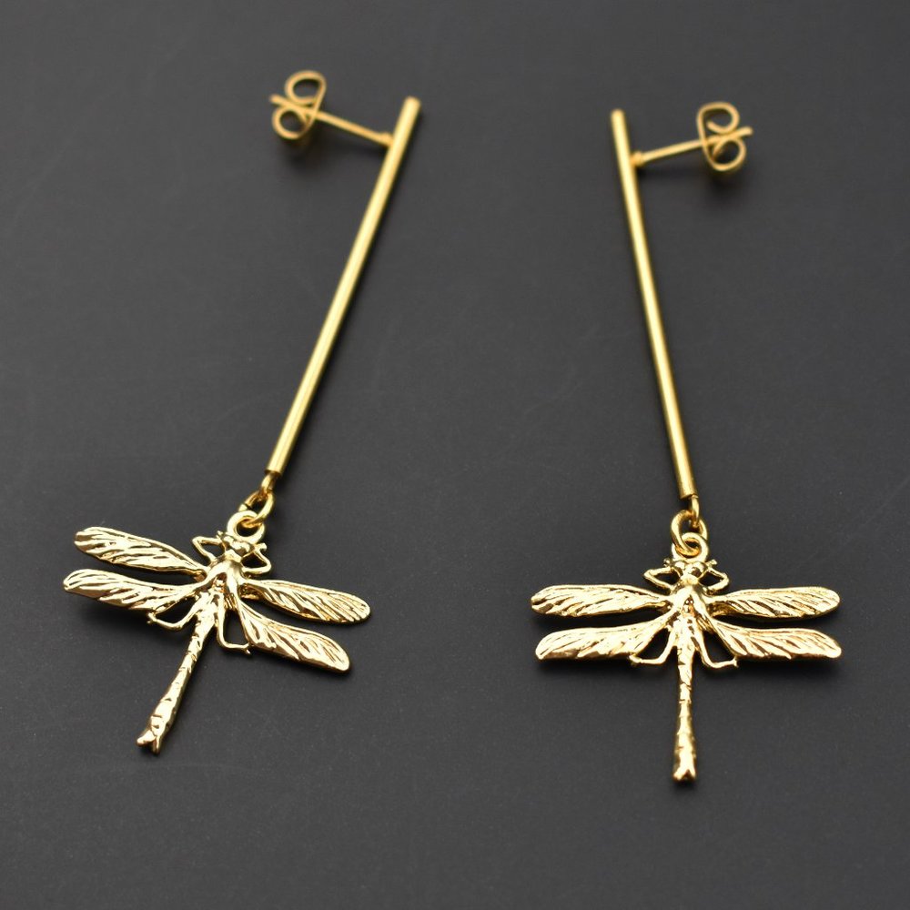 Gold dragonfly earrings dangle, cute handmade beach party jewelry